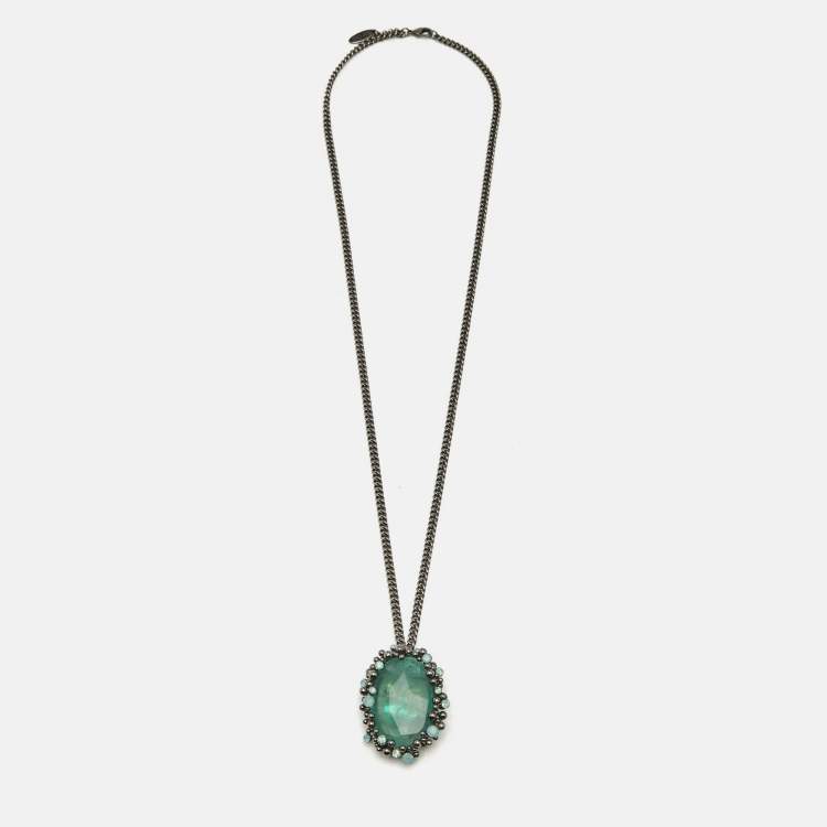 Pre Owned Roberto Cavalli Green Crystal Gunmetal Tone Pendant Necklace 