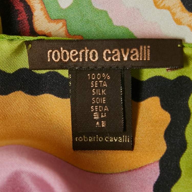 Pre Owned Roberto Cavalli Green/Pink Printed Silk Scarf
