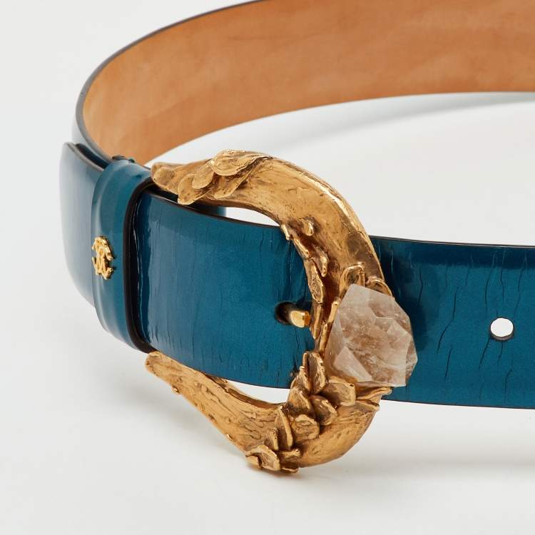 Pre Owned Roberto Cavalli Teal Blue Patent Leather Crystal Buckle Belt 85CM