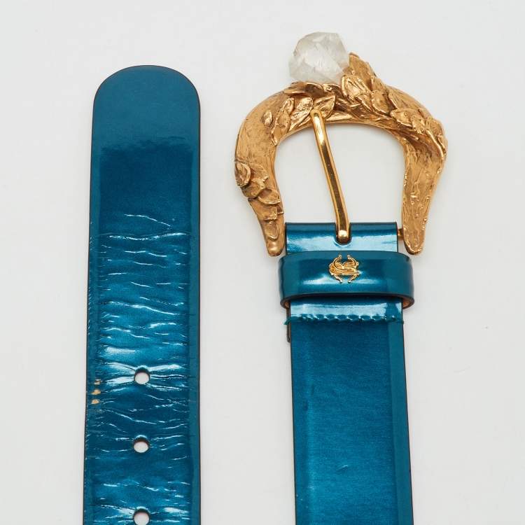 Pre Owned Roberto Cavalli Teal Blue Patent Leather Crystal Buckle Belt 85CM