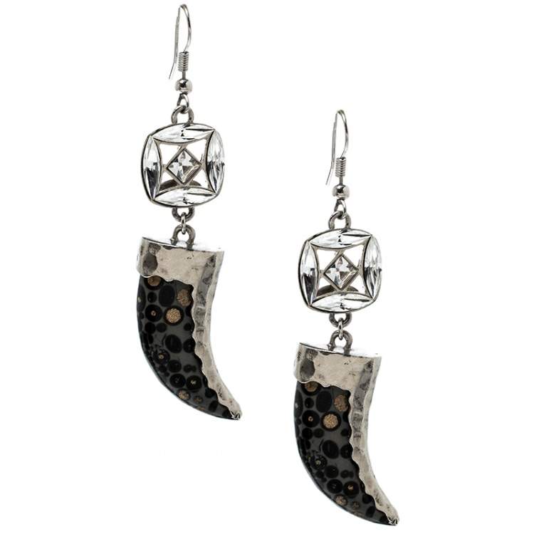 Pre Owned Roberto Cavalli Marble Tooth Crystal Silver Tone Hook Earrings