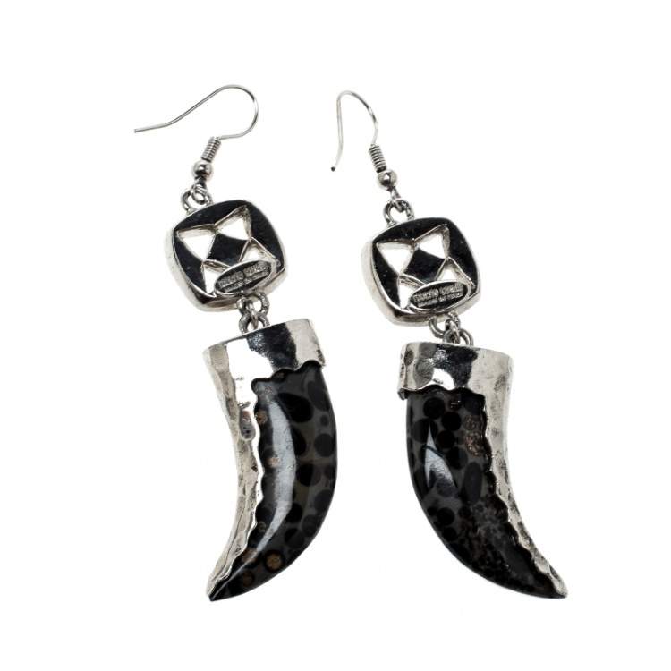 Pre Owned Roberto Cavalli Marble Tooth Crystal Silver Tone Hook Earrings