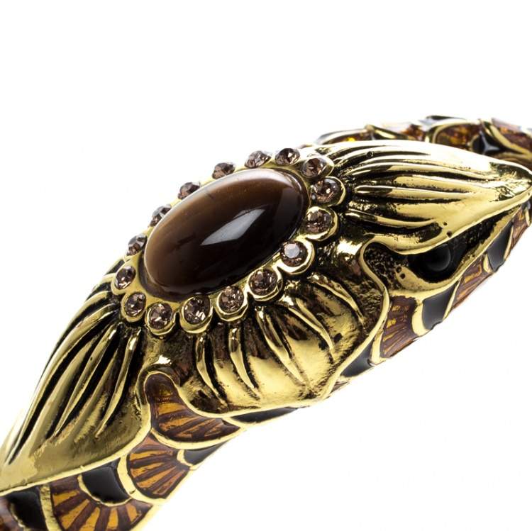 Pre Owned Roberto Cavalli Serpent Head Enamel Gold Tone Detailed Open Cuff Bracelet 