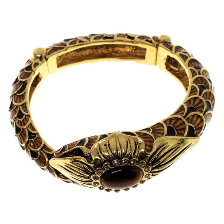 Pre Owned Roberto Cavalli Serpent Head Enamel Gold Tone Detailed Open Cuff Bracelet 
