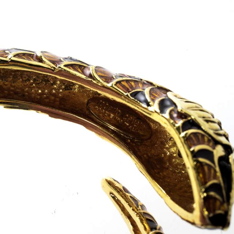 Pre Owned Roberto Cavalli Serpent Head Enamel Gold Tone Detailed Open Cuff Bracelet 
