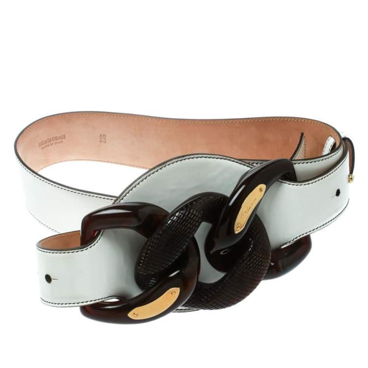 Pre Owned Roberto Cavalli White Leather Wide Belt Size 80 CM