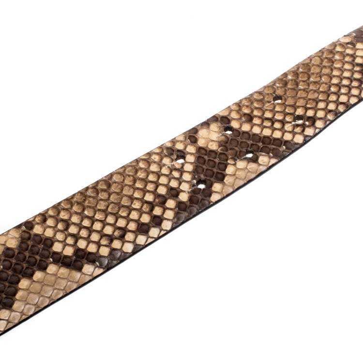 Pre Owned Roberto Cavalli Beige/Black Snakeskin Logo Buckle Belt 85CM