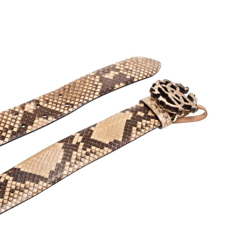 Pre Owned Roberto Cavalli Beige/Black Snakeskin Logo Buckle Belt 85CM