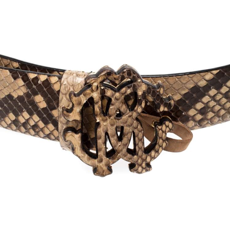 Pre Owned Roberto Cavalli Beige/Black Snakeskin Logo Buckle Belt 85CM