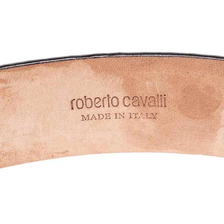 Pre Owned Roberto Cavalli Beige/Black Snakeskin Logo Buckle Belt 85CM