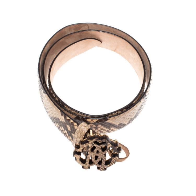 Pre Owned Roberto Cavalli Beige/Black Snakeskin Logo Buckle Belt 85CM