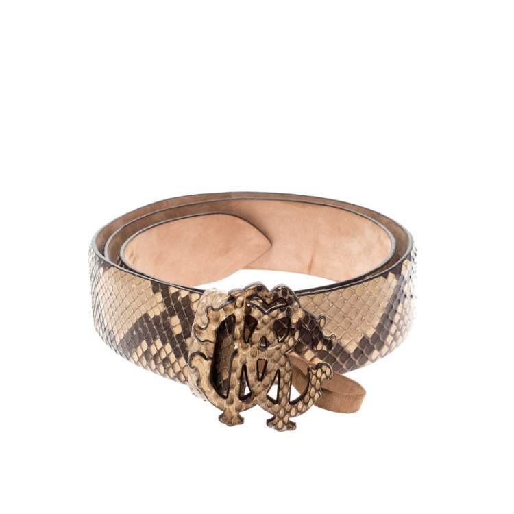Pre Owned Roberto Cavalli Beige/Black Snakeskin Logo Buckle Belt 85CM