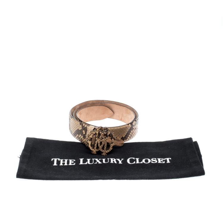 Pre Owned Roberto Cavalli Beige/Black Snakeskin Logo Buckle Belt 85CM