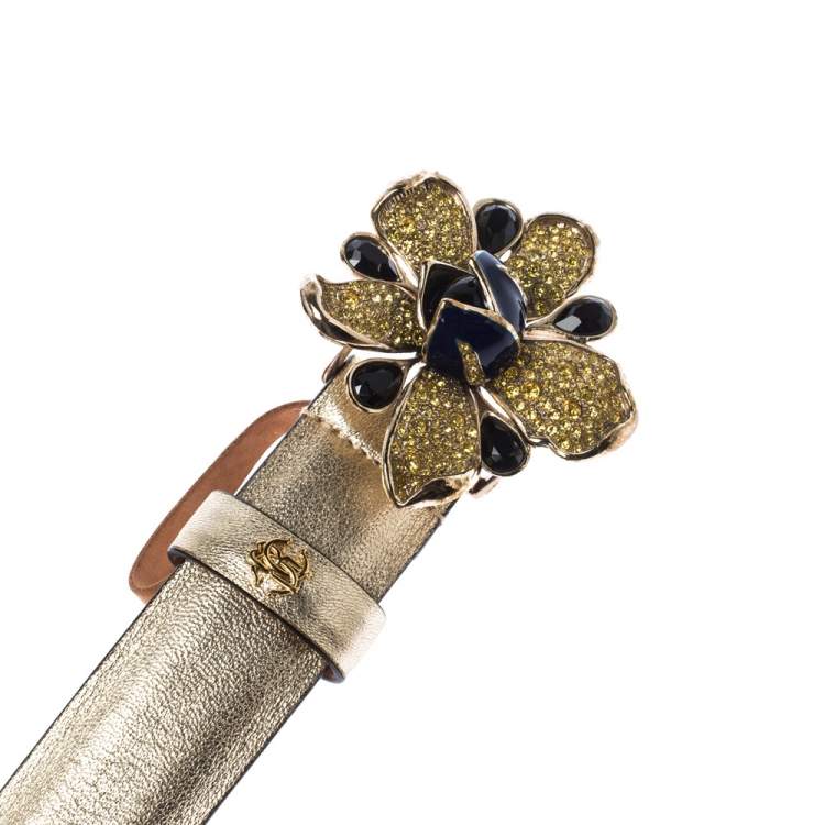 Pre Owned Roberto Cavalli Gold  Flower Embellished Leather Belt 80CM