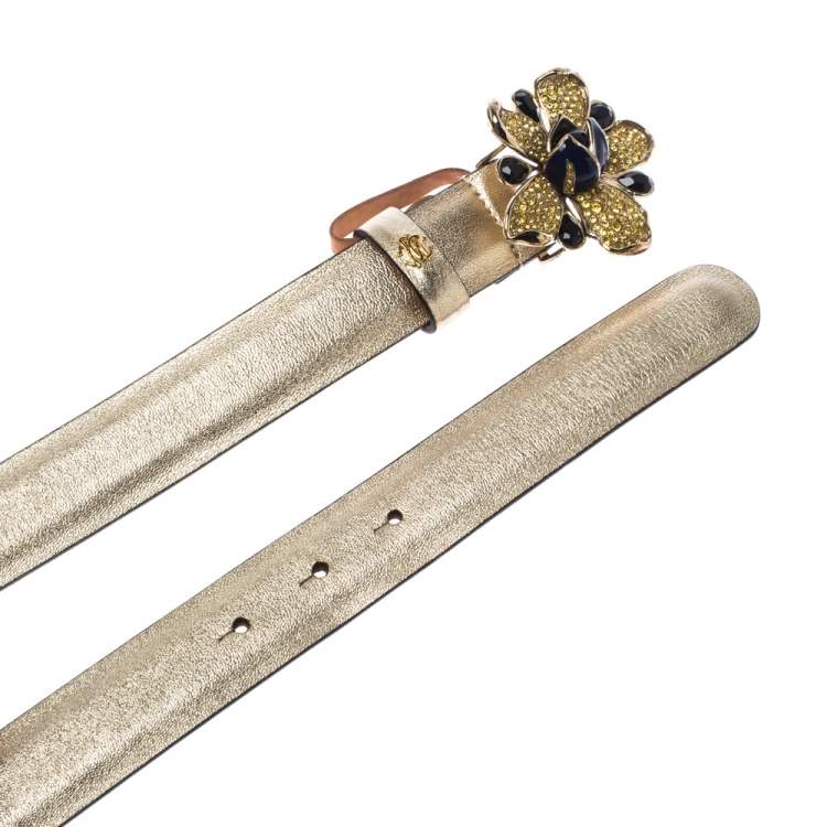 Pre Owned Roberto Cavalli Gold  Flower Embellished Leather Belt 80CM
