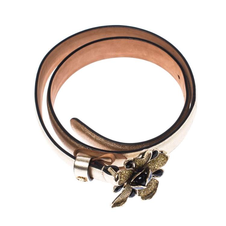 Pre Owned Roberto Cavalli Gold  Flower Embellished Leather Belt 80CM