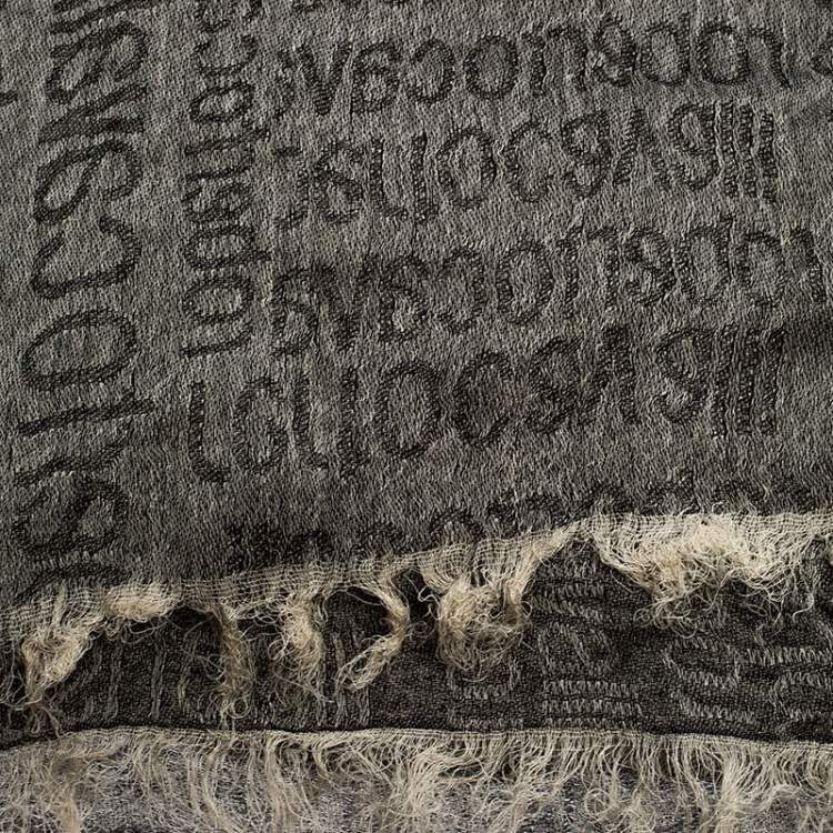 Pre Owned Roberto Cavalli Grey Monogram Pattern Knit Fringe Edge Scarf