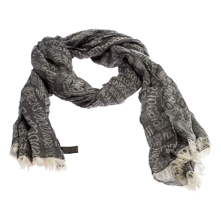 Pre Owned Roberto Cavalli Grey Monogram Pattern Knit Fringe Edge Scarf