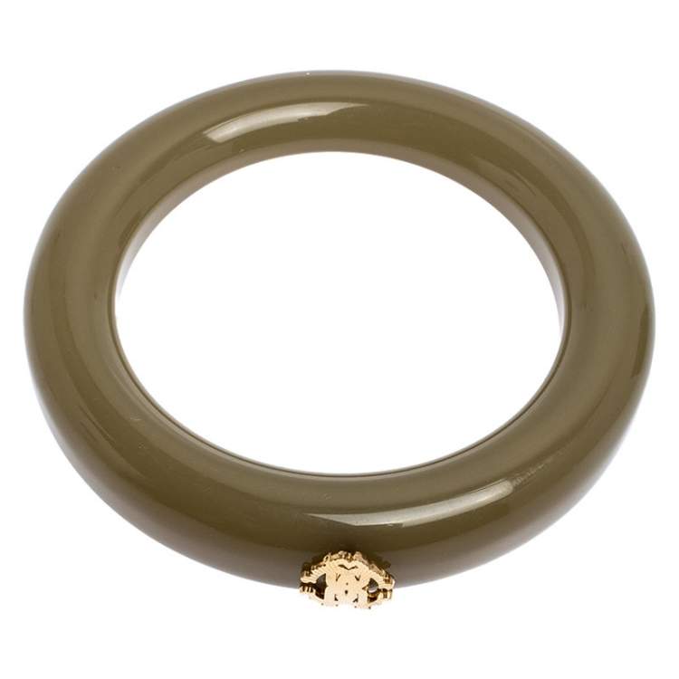 Pre Owned Roberto Cavalli Gold Tone Logo Green Resin Bangle Bracelet