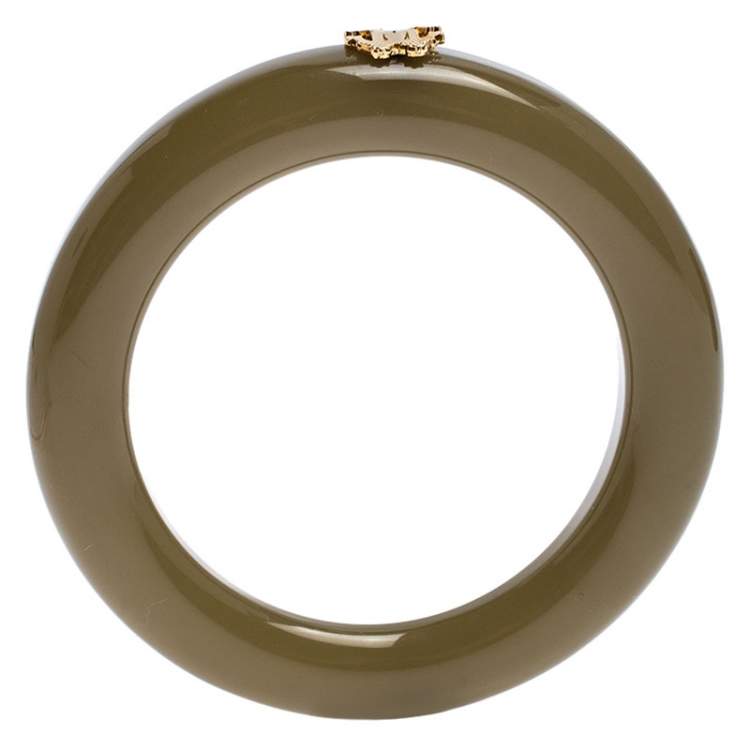 Pre Owned Roberto Cavalli Gold Tone Logo Green Resin Bangle Bracelet