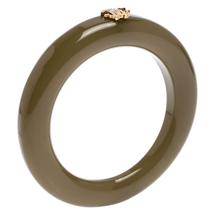 Pre Owned Roberto Cavalli Gold Tone Logo Green Resin Bangle Bracelet