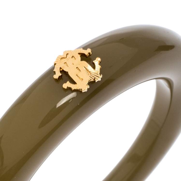 Pre Owned Roberto Cavalli Gold Tone Logo Green Resin Bangle Bracelet