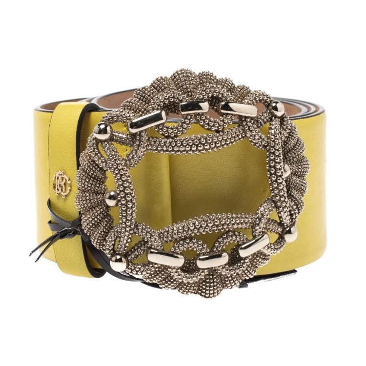 Pre Owned Roberto Cavalli Yellow Leather Buckle Embellished Belt 95CM
