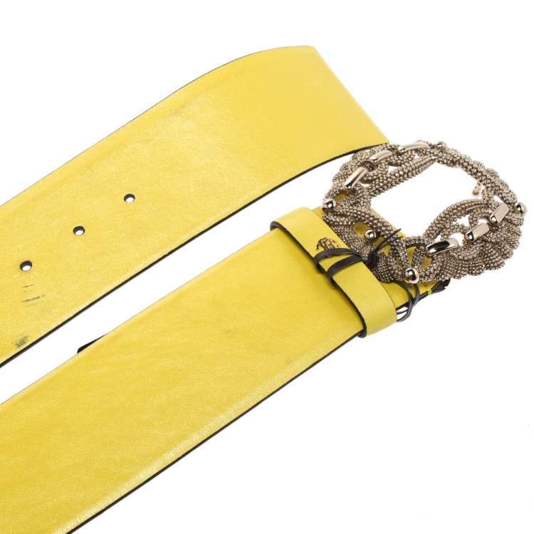 Pre Owned Roberto Cavalli Yellow Leather Buckle Embellished Belt 95CM