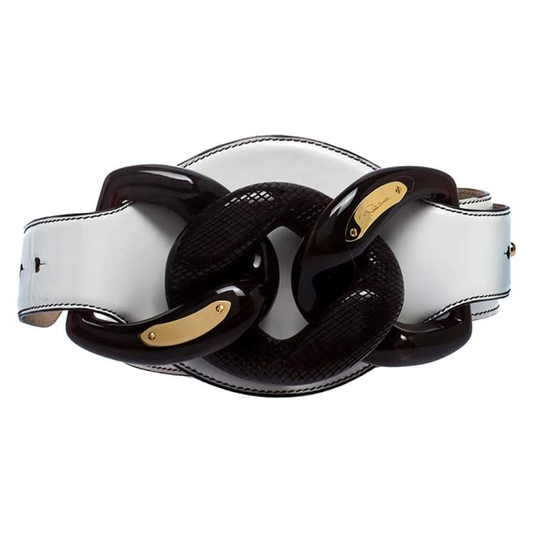 Pre Owned Roberto Cavalli White Patent Leather Wide Belt 95CM