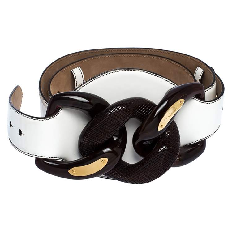Pre Owned Roberto Cavalli White Patent Leather Wide Belt 95CM