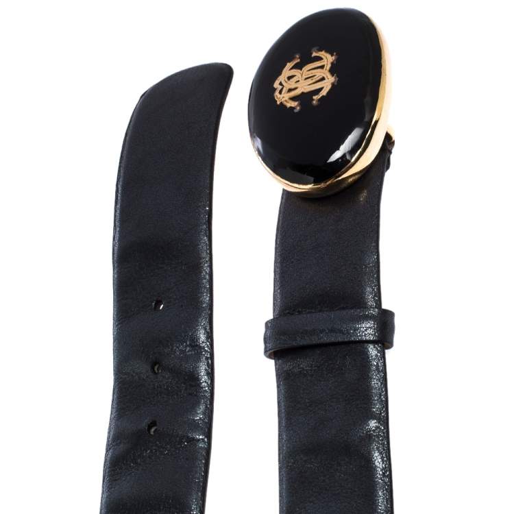 Pre Owned Roberto Cavalli Metallic Grey Leather Resin Buckle Belt 95CM