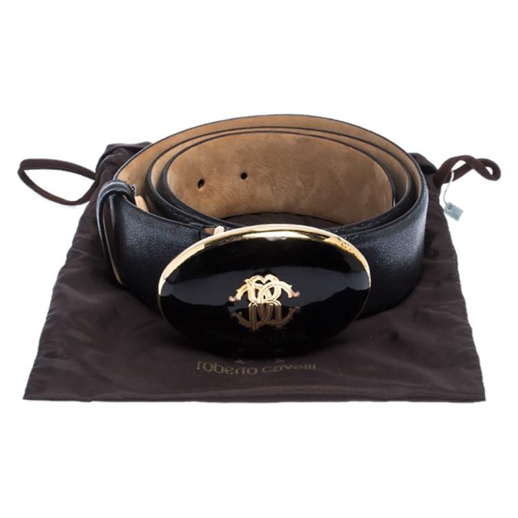 Pre Owned Roberto Cavalli Metallic Grey Leather Resin Buckle Belt 95CM