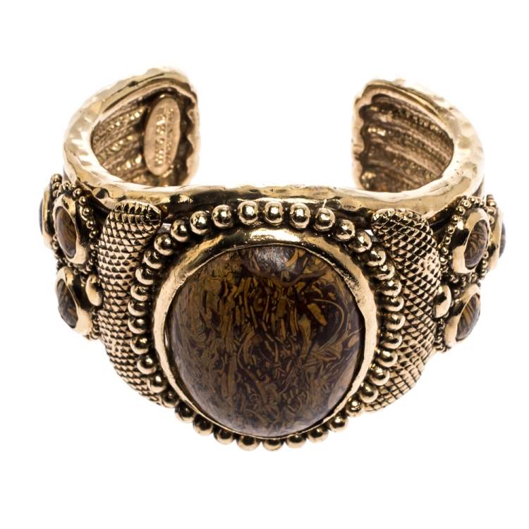 Pre Owned Roberto Cavalli Aged Gold Tone Etched Cabochon Open Cuff Bracelet