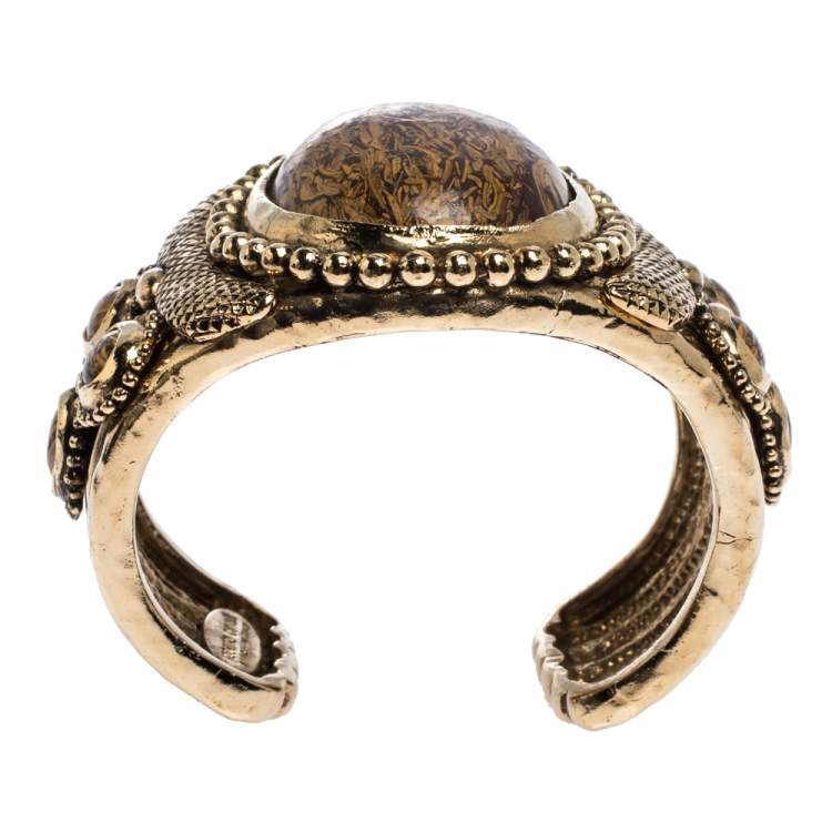 Pre Owned Roberto Cavalli Aged Gold Tone Etched Cabochon Open Cuff Bracelet