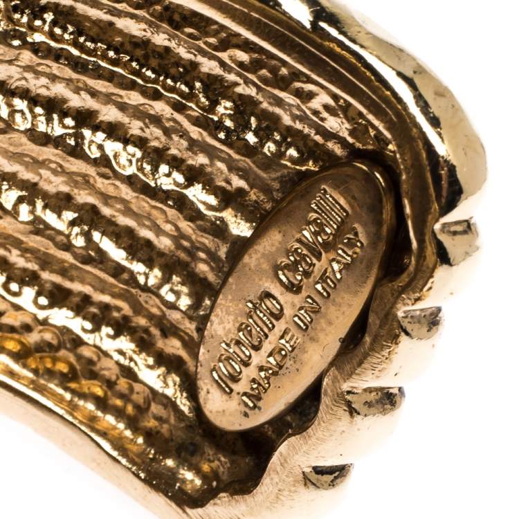 Pre Owned Roberto Cavalli Aged Gold Tone Etched Cabochon Open Cuff Bracelet