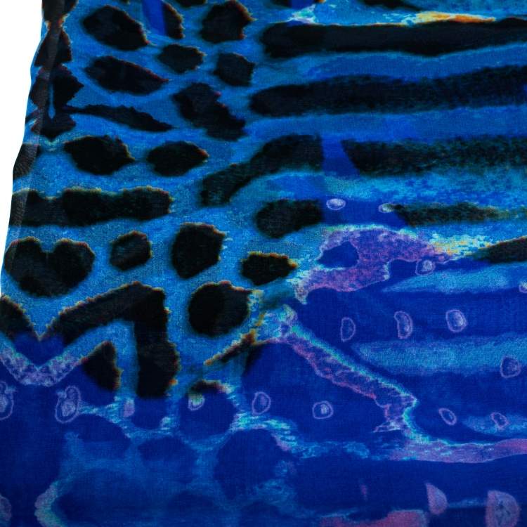 Pre Owned Roberto Cavalli Blue Animal Printed Silk Scarf