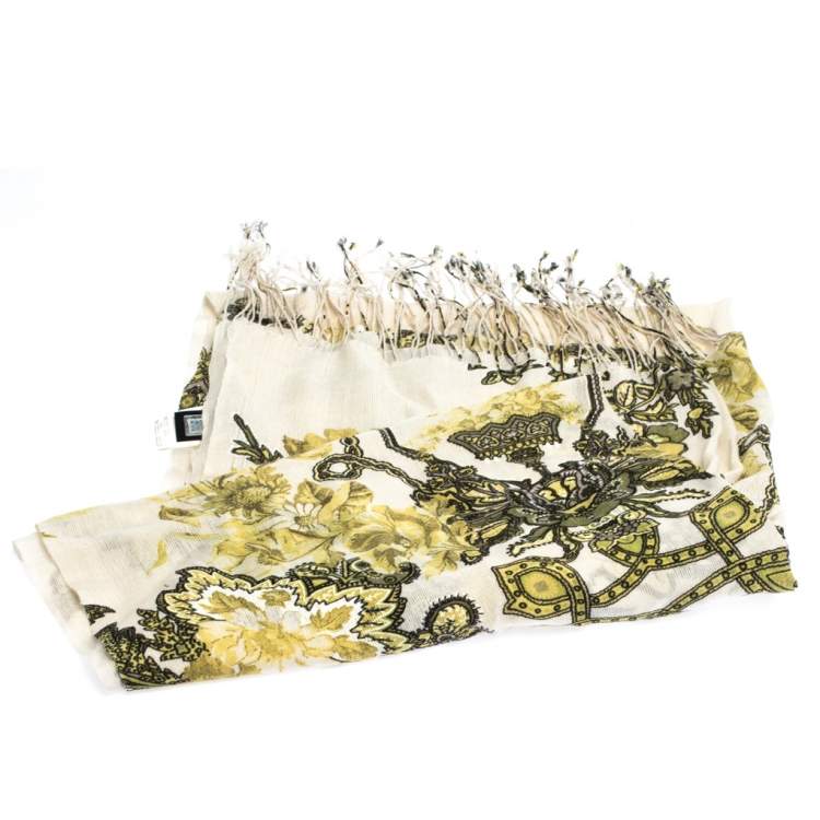 Pre Owned Roberto Cavalli White & Green Floral Printed Cashmere Stole 