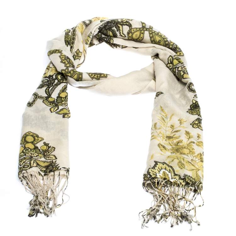 Pre Owned Roberto Cavalli White & Green Floral Printed Cashmere Stole 
