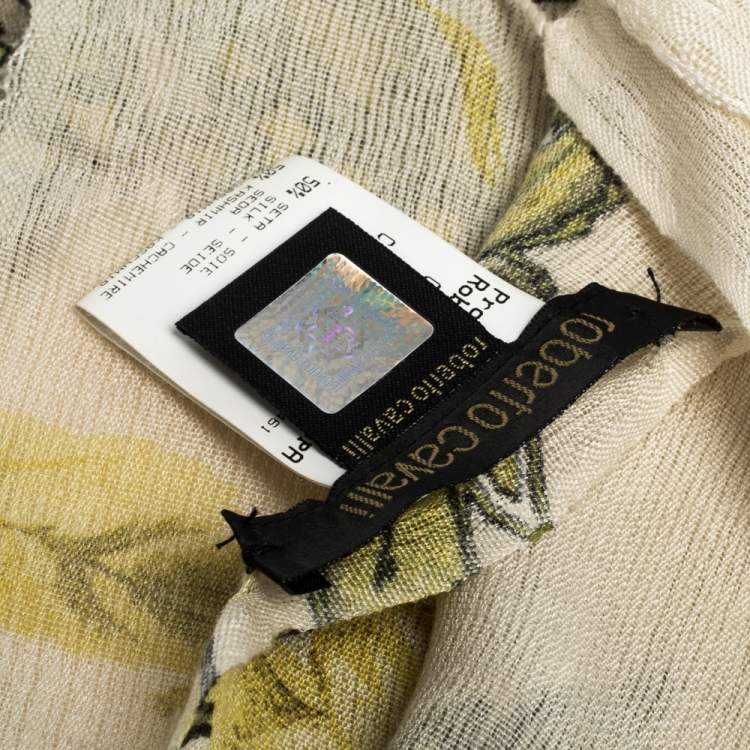 Pre Owned Roberto Cavalli White & Green Floral Printed Cashmere Stole 