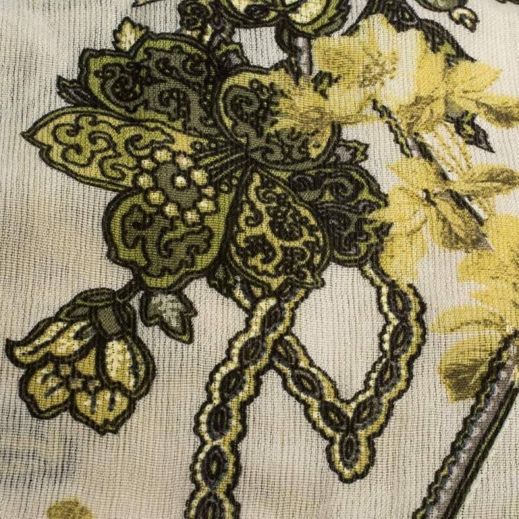 Pre Owned Roberto Cavalli White & Green Floral Printed Cashmere Stole 