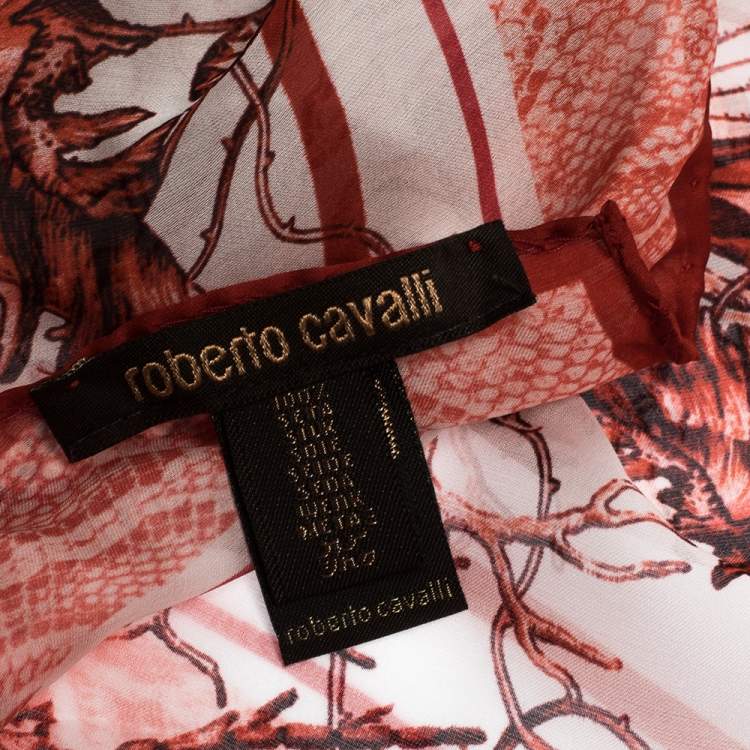 Pre Owned Roberto Cavalli Red & White Coral Reef Print Silk Scarf 