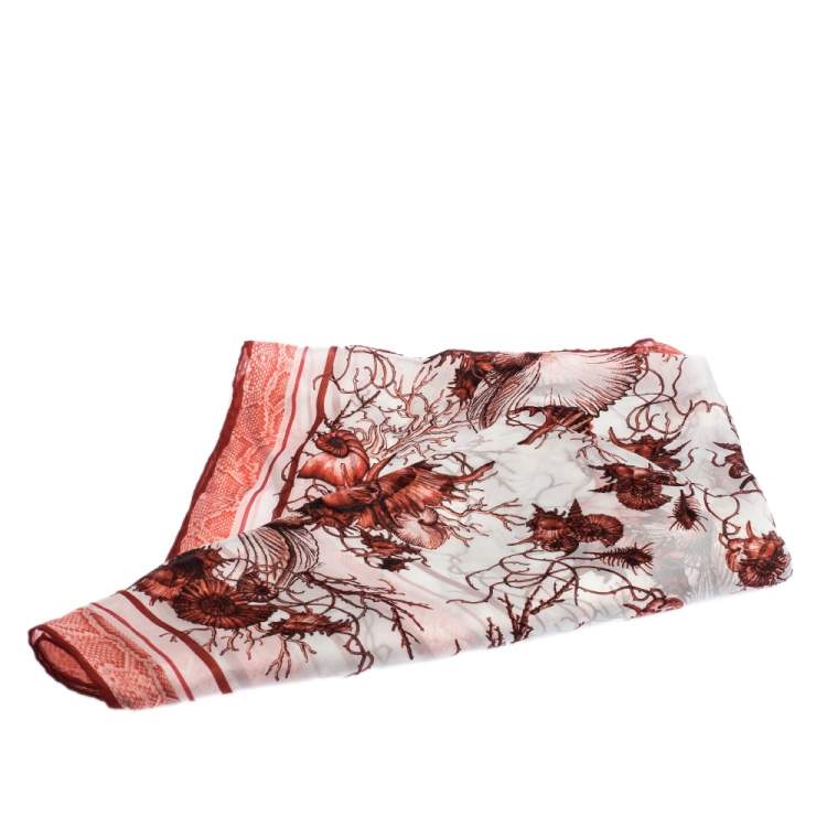 Pre Owned Roberto Cavalli Red & White Coral Reef Print Silk Scarf 