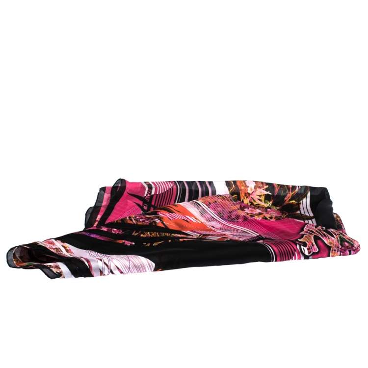 Pre Owned Roberto Cavalli Pink Abstract Floral Printed Silk Scarf