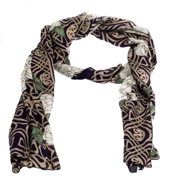 Pre Owned Roberto Cavalli Navy Blue Graphic Floral Print Silk Scarf