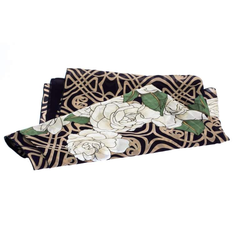 Pre Owned Roberto Cavalli Navy Blue Graphic Floral Print Silk Scarf