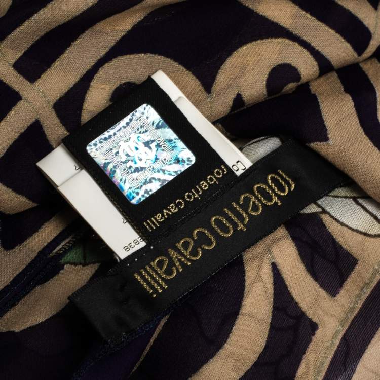 Pre Owned Roberto Cavalli Navy Blue Graphic Floral Print Silk Scarf