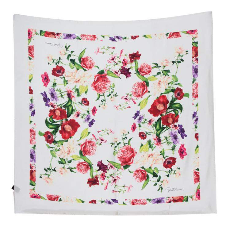 Pre Owned Roberto Cavalli Cream Floral Print Silk Square Scarf