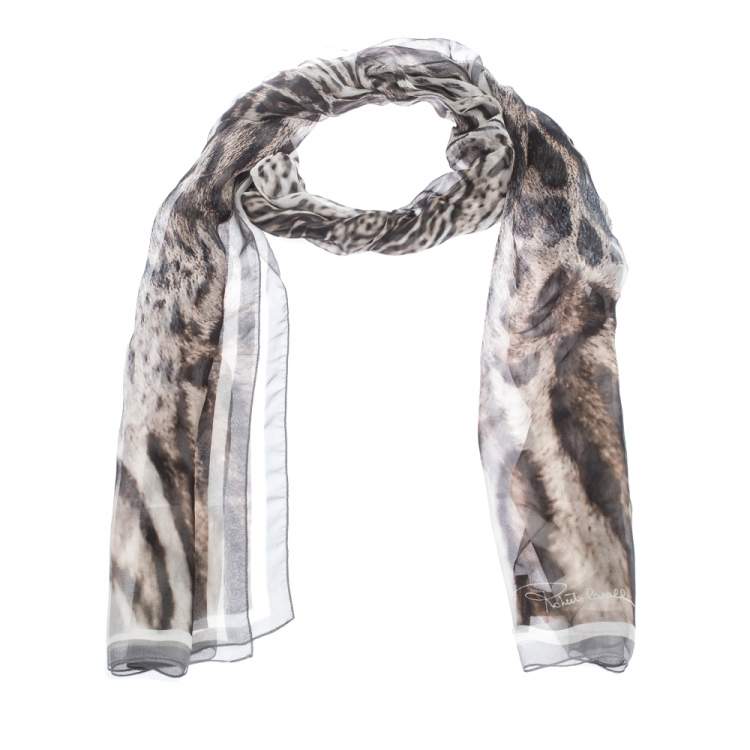 Pre Owned Roberto Cavalli Grey Animal Print Silk Scarf