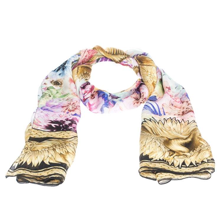 Pre Owned Roberto Cavalli Multicolor Eagle & Floral Print Silk Scarf