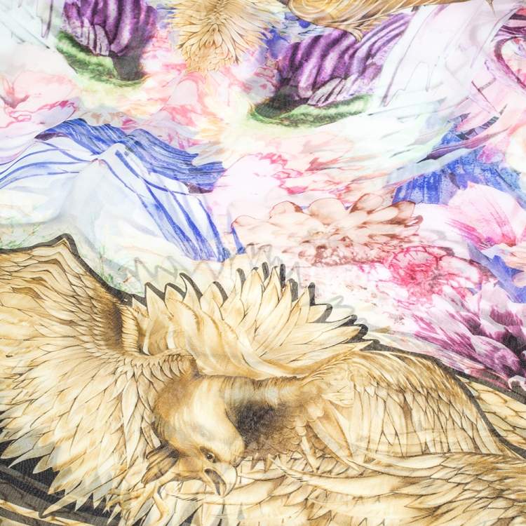 Pre Owned Roberto Cavalli Multicolor Eagle & Floral Print Silk Scarf